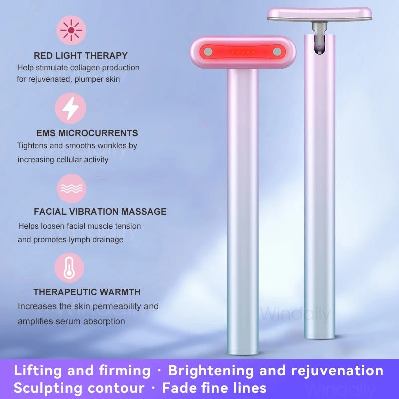 4-in-1 Facial Toning Wand with EMS Microcurrent, Red Light Therapy, and Heat Massage for Firm, Radiant Skin — Face, Neck & Eye Device